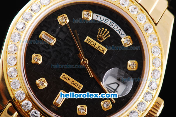 Rolex Day-Date Oyster Perpetual Chronometer Automatic Diamond Bezel with Full Gold Case and Strap- Black Dial with Rolex Logo-Diamond Marking - Click Image to Close